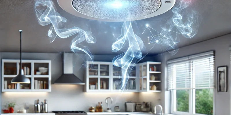 DALL·E 2025-03-06 12.33.24 - A digital illustration of a smoke detector mounted on the ceiling in a residential apartment, with visible smoke spreading from a kitchen area indicat